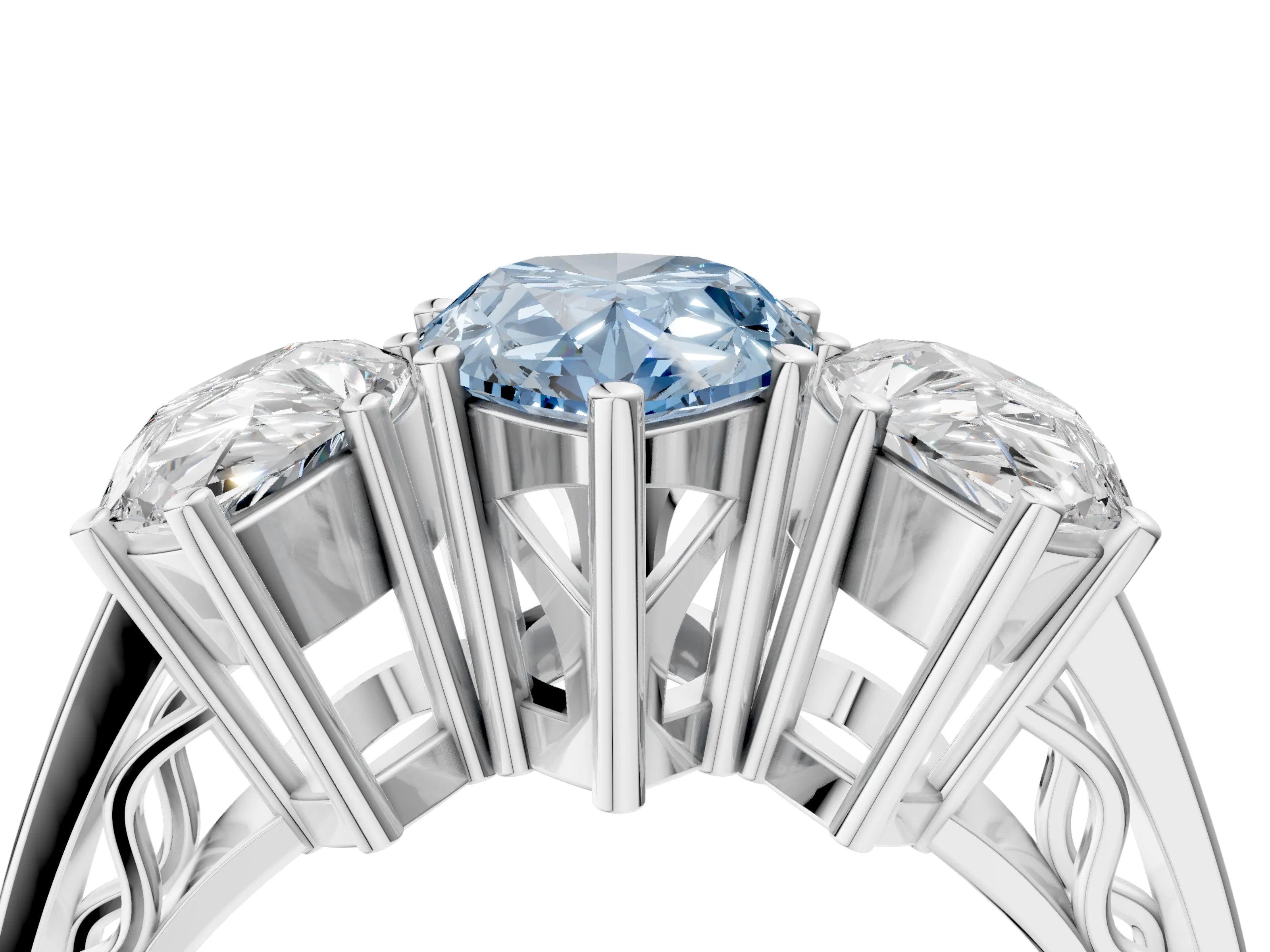 White gold Fancy Blue Pear Cut Diamond Three-Stone Ring with Prong Setting and Textured Band_28