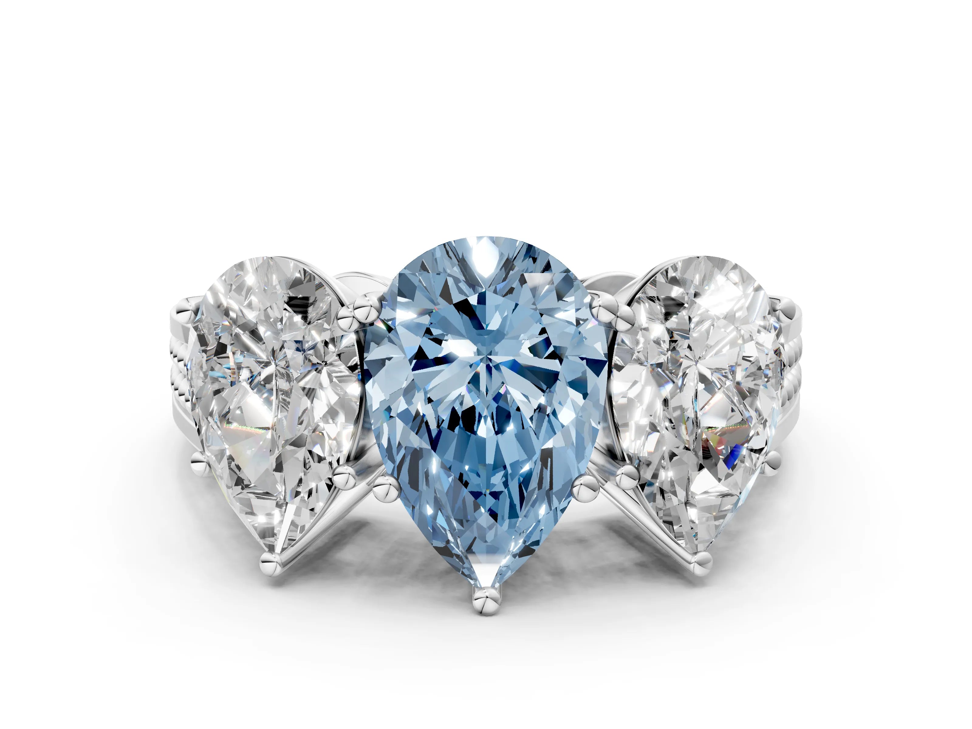 White gold Fancy Blue Pear Cut Diamond Three-Stone Ring with Prong Setting and Textured Band_32