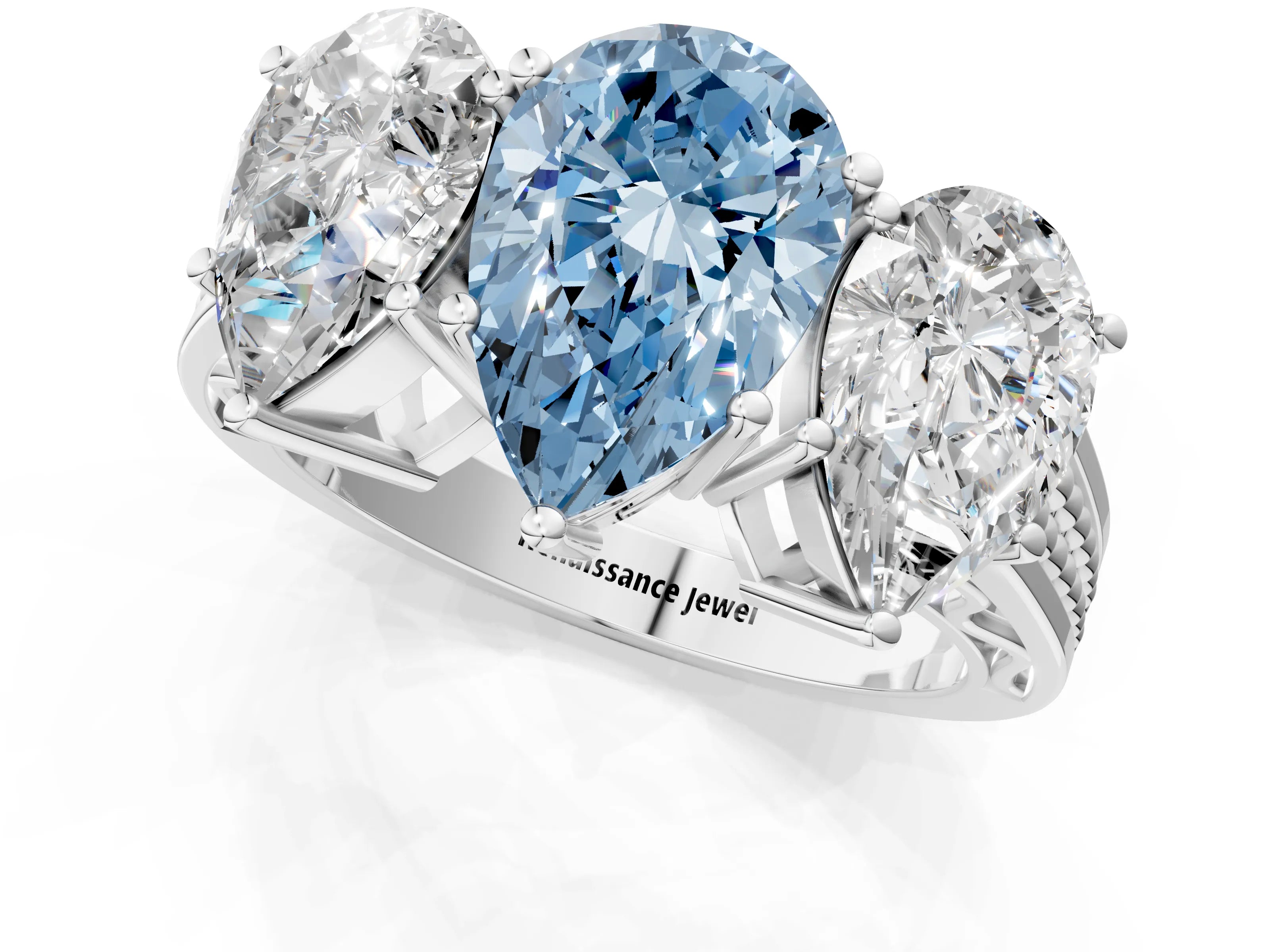 White gold Fancy Blue Pear Cut Diamond Three-Stone Ring with Prong Setting and Textured Band_37