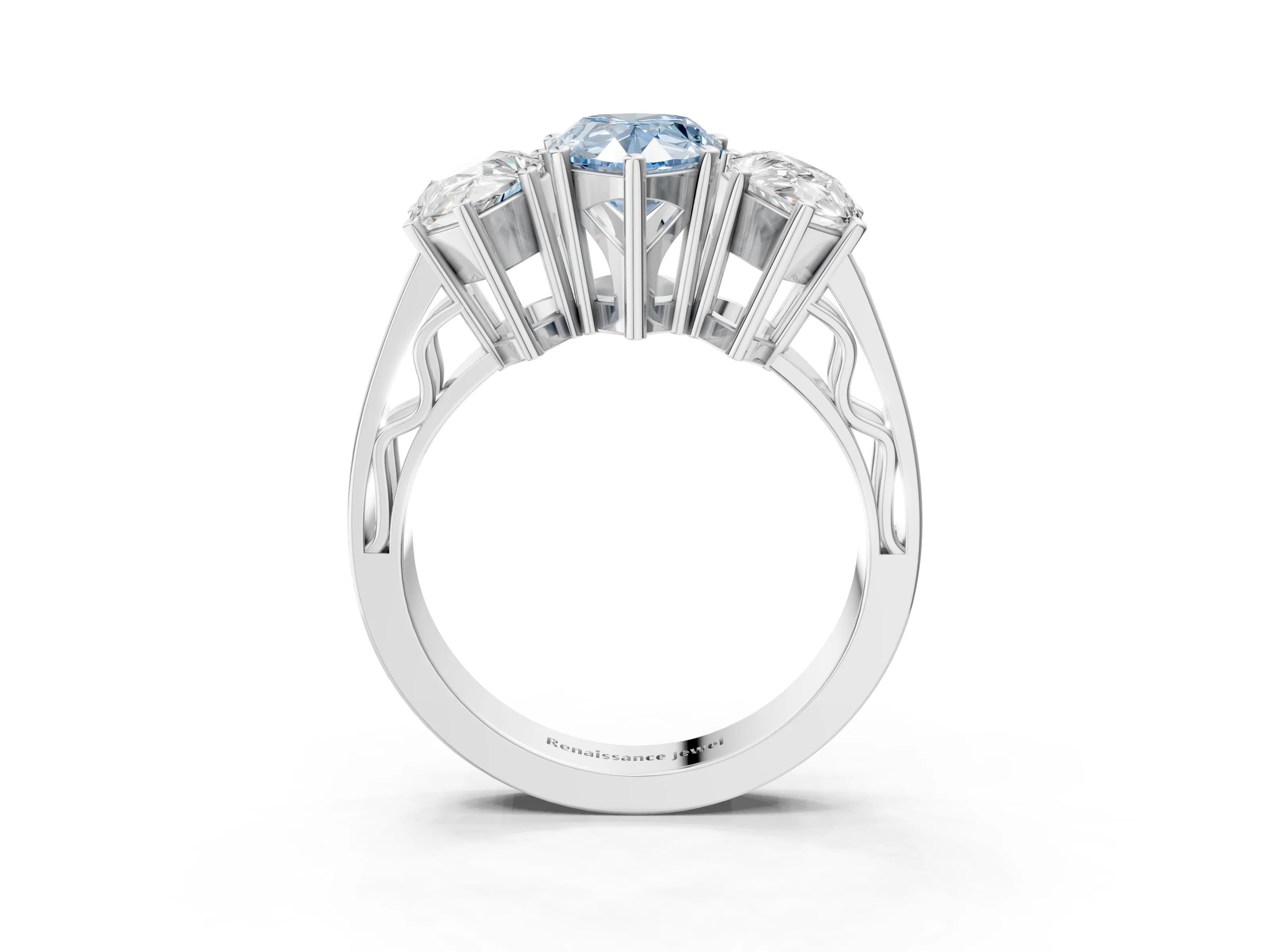 White gold Fancy Blue Pear Cut Diamond Three-Stone Ring with Prong Setting and Textured Band_39
