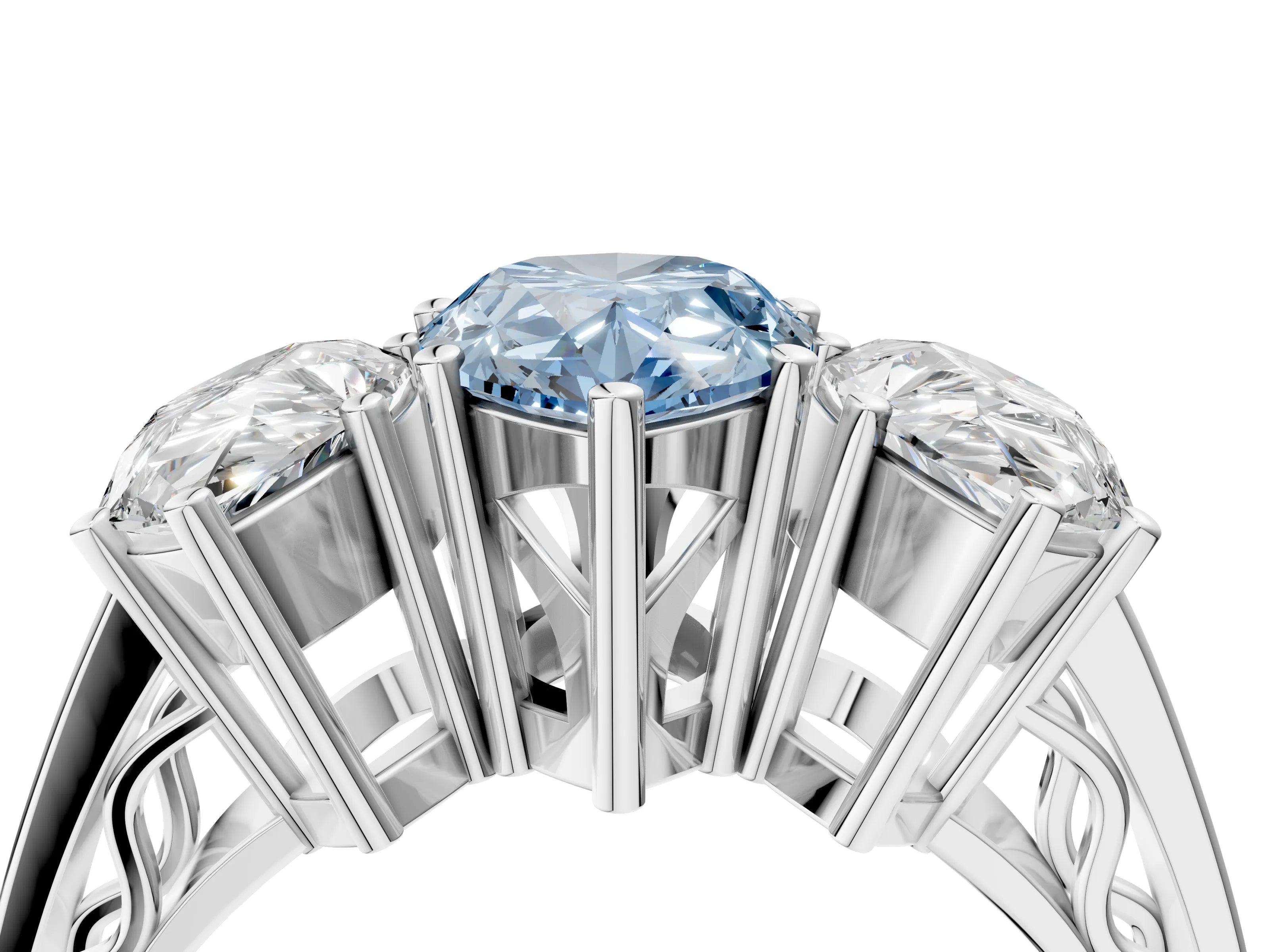 White gold Fancy Blue Pear Cut Diamond Three-Stone Ring with Prong Setting and Textured Band_40