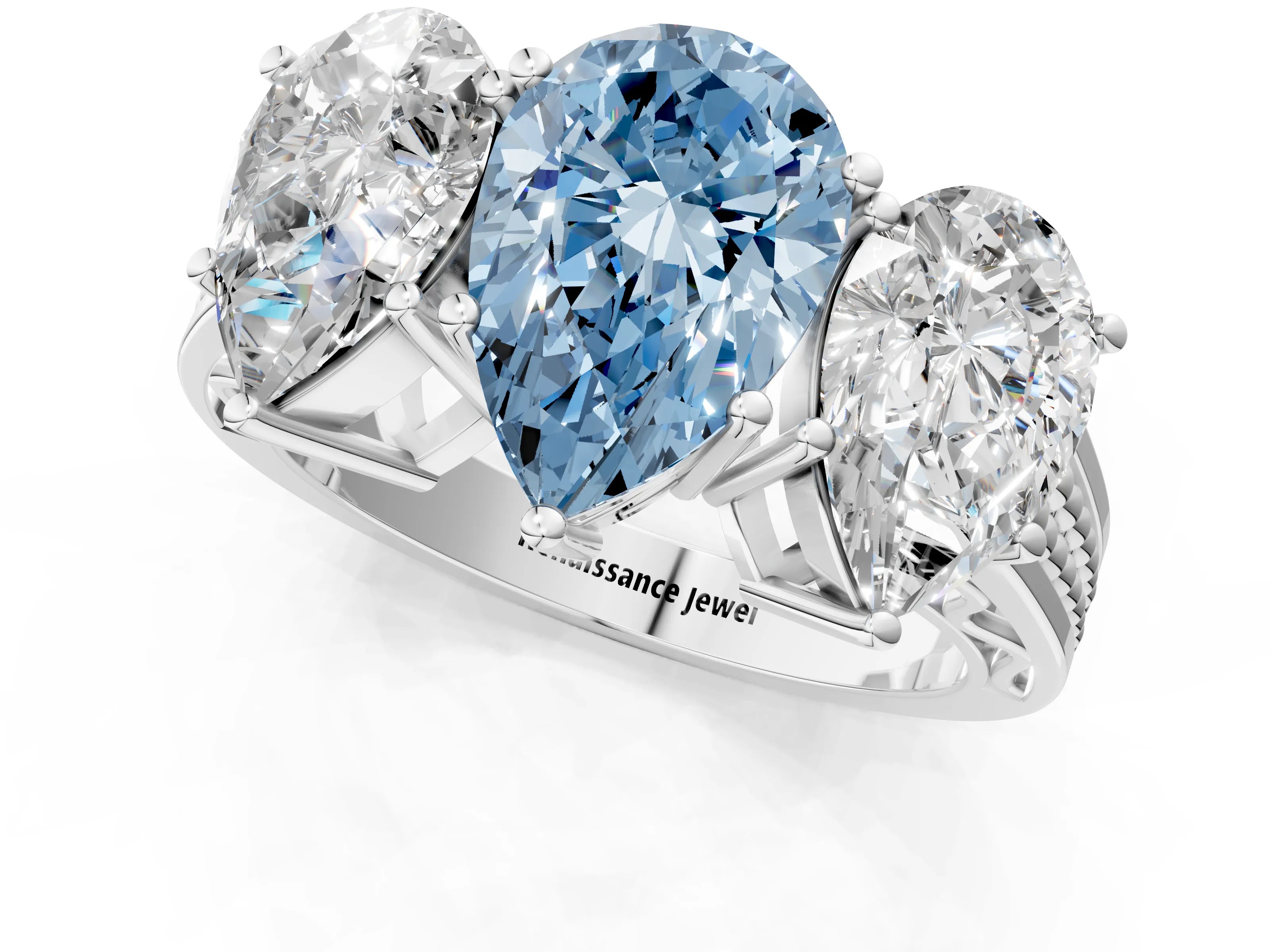 White gold Fancy Blue Pear Cut Diamond Three-Stone Ring with Prong Setting and Textured Band_9