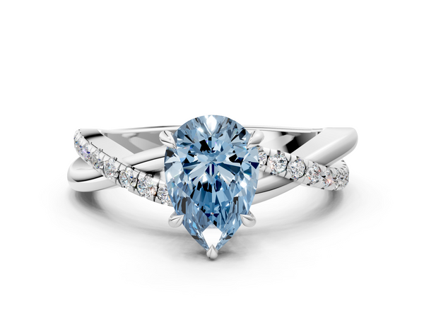 Platinum Fancy Blue Pear  Cut Diamond Twisted Band with Pavé Setting and Four-Prong Setting