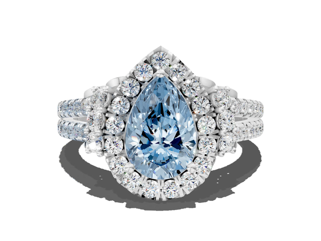 White gold Fancy Blue Pear  Cut Double Halo Diamond Engagement Ring with Pave Band and Four-Prong Setting_38