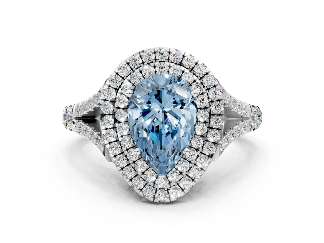 White gold Fancy Blue Pear  Cut Double Halo Split Shank Diamond Ring with Prong Setting_48