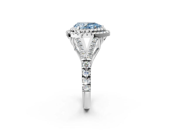 White gold Fancy Blue Pear  Cut Double Halo Split Shank Diamond Ring with Prong Setting