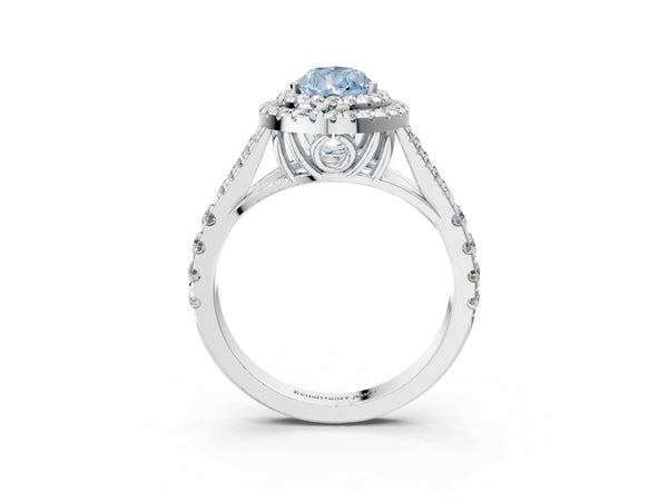 White gold Fancy Blue Pear  Cut Double Halo Split Shank Diamond Ring with Prong Setting