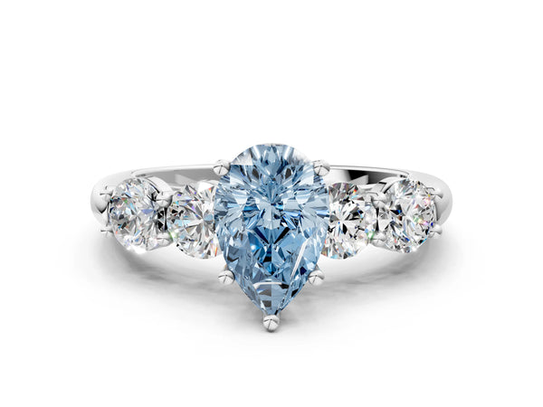 Platinum Fancy Blue Pear  Cut Five-Stone Prong Set Diamond Ring with Classic Band