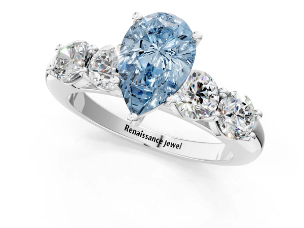 Platinum Fancy Blue Pear  Cut Five-Stone Prong Set Diamond Ring with Classic Band