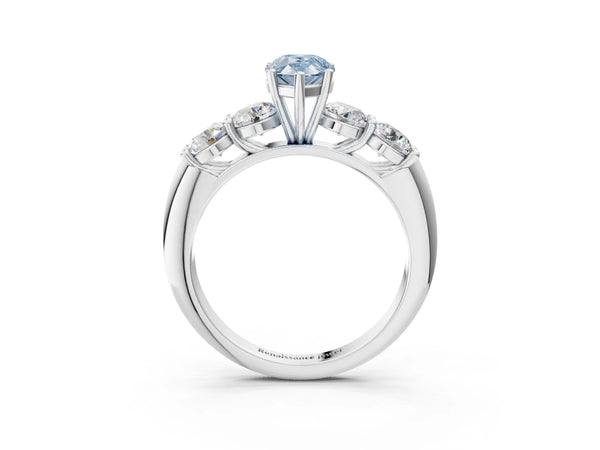Platinum Fancy Blue Pear  Cut Five-Stone Prong Set Diamond Ring with Classic Band