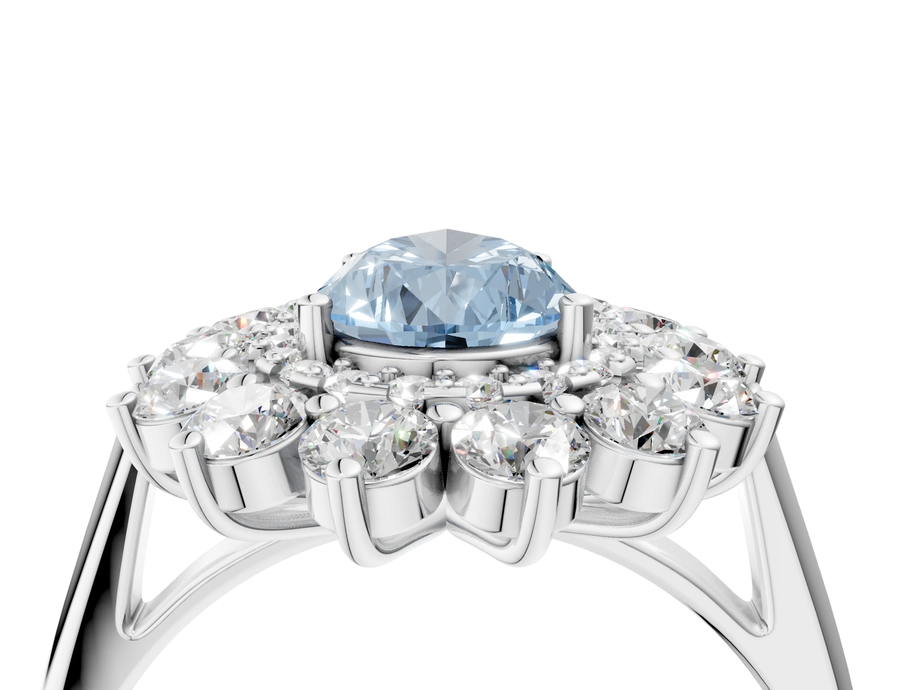 White gold Fancy Blue Pear Cut Halo Cluster Diamond Ring with Pave Band and Four-Prong Setting_16