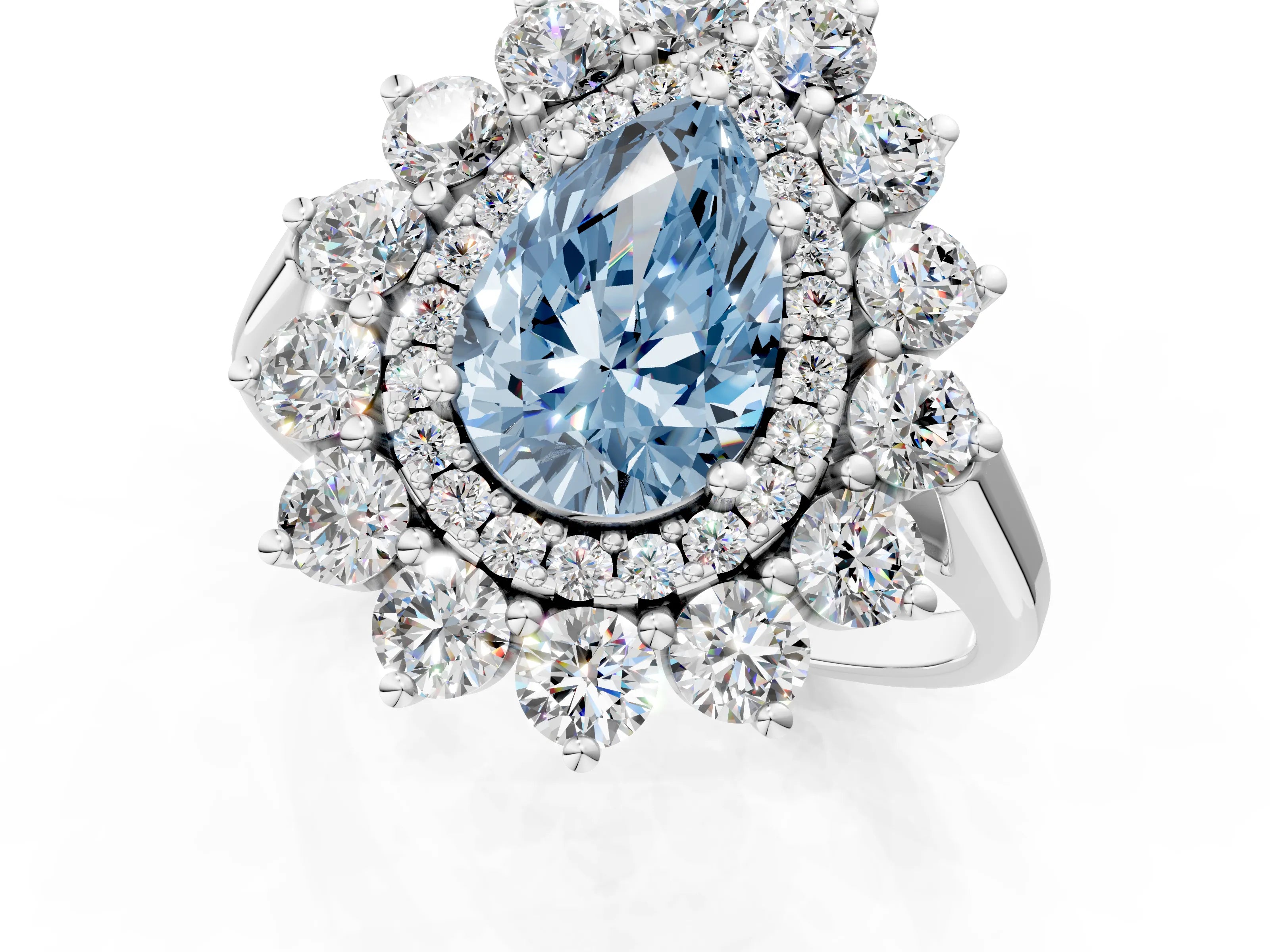 White gold Fancy Blue Pear Cut Halo Cluster Diamond Ring with Pave Band and Four-Prong Setting_1
