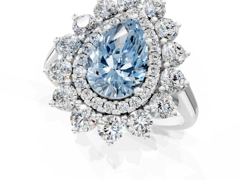 White gold Fancy Blue Pear Cut Halo Cluster Diamond Ring with Pave Band and Four-Prong Setting_1