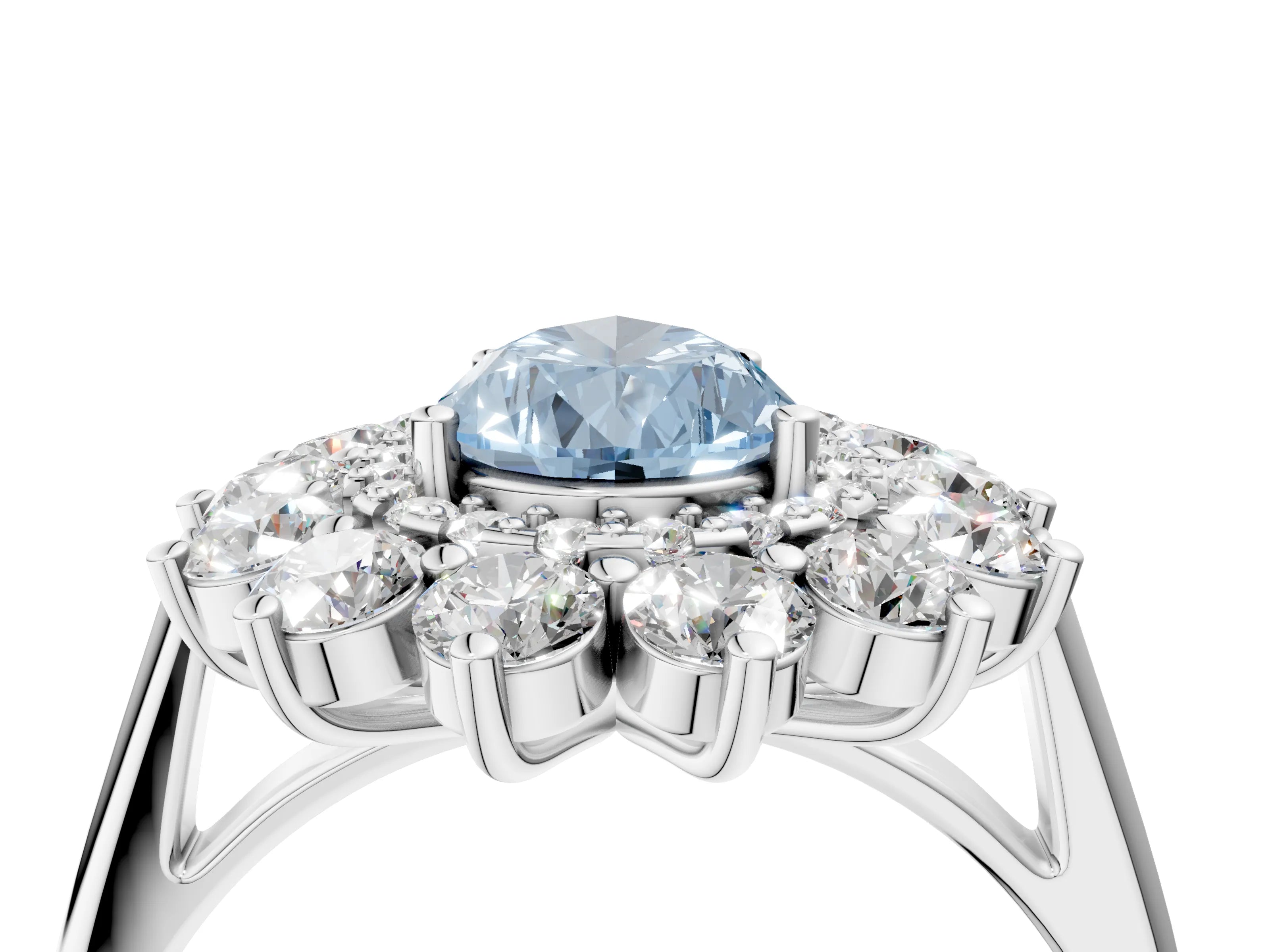 White gold Fancy Blue Pear Cut Halo Cluster Diamond Ring with Pave Band and Four-Prong Setting_4