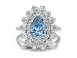 White gold Fancy Blue Pear Cut Halo Cluster Diamond Ring with Pave Band and Four-Prong Setting