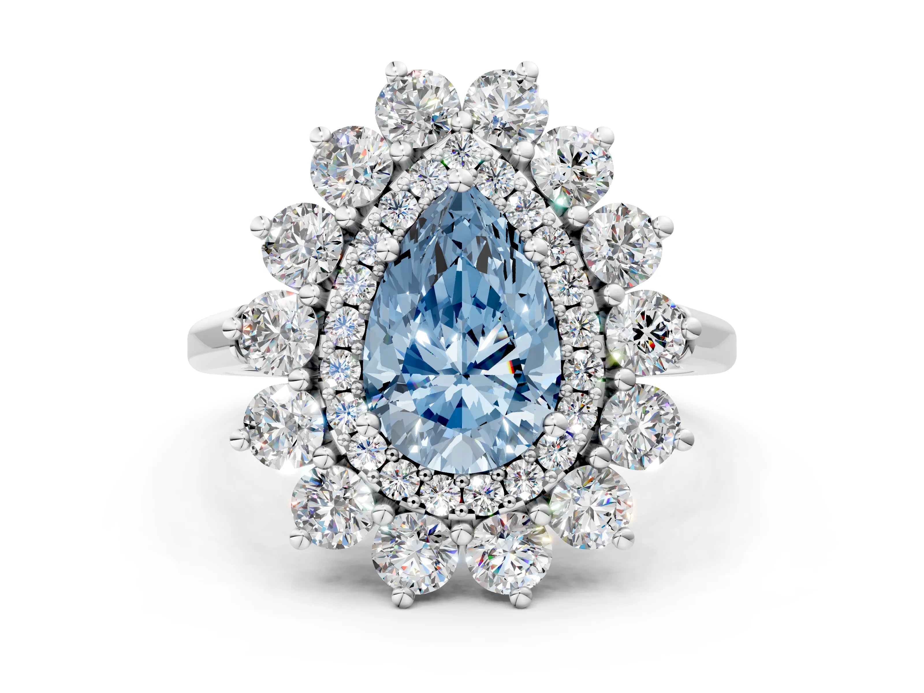 White gold Fancy Blue Pear Cut Halo Cluster Diamond Ring with Pave Band and Four-Prong Setting