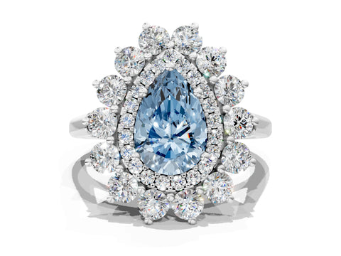 White gold Fancy Blue Pear Cut Halo Cluster Diamond Ring with Pave Band and Four-Prong Setting