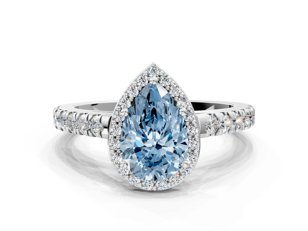 Platinum Fancy Blue Pear  Cut Halo Diamond Engagement Ring with Pave Band and Four-Prong Setting