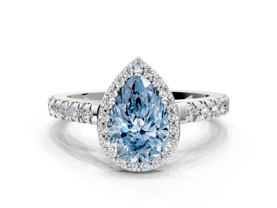 White gold Fancy Blue Pear  Cut Halo Diamond Engagement Ring with Pave Band and Four-Prong Setting_28