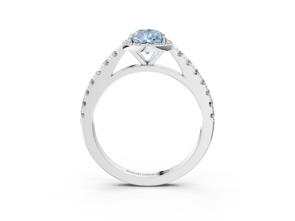 Platinum Fancy Blue Pear  Cut Halo Diamond Engagement Ring with Pave Band and Four-Prong Setting