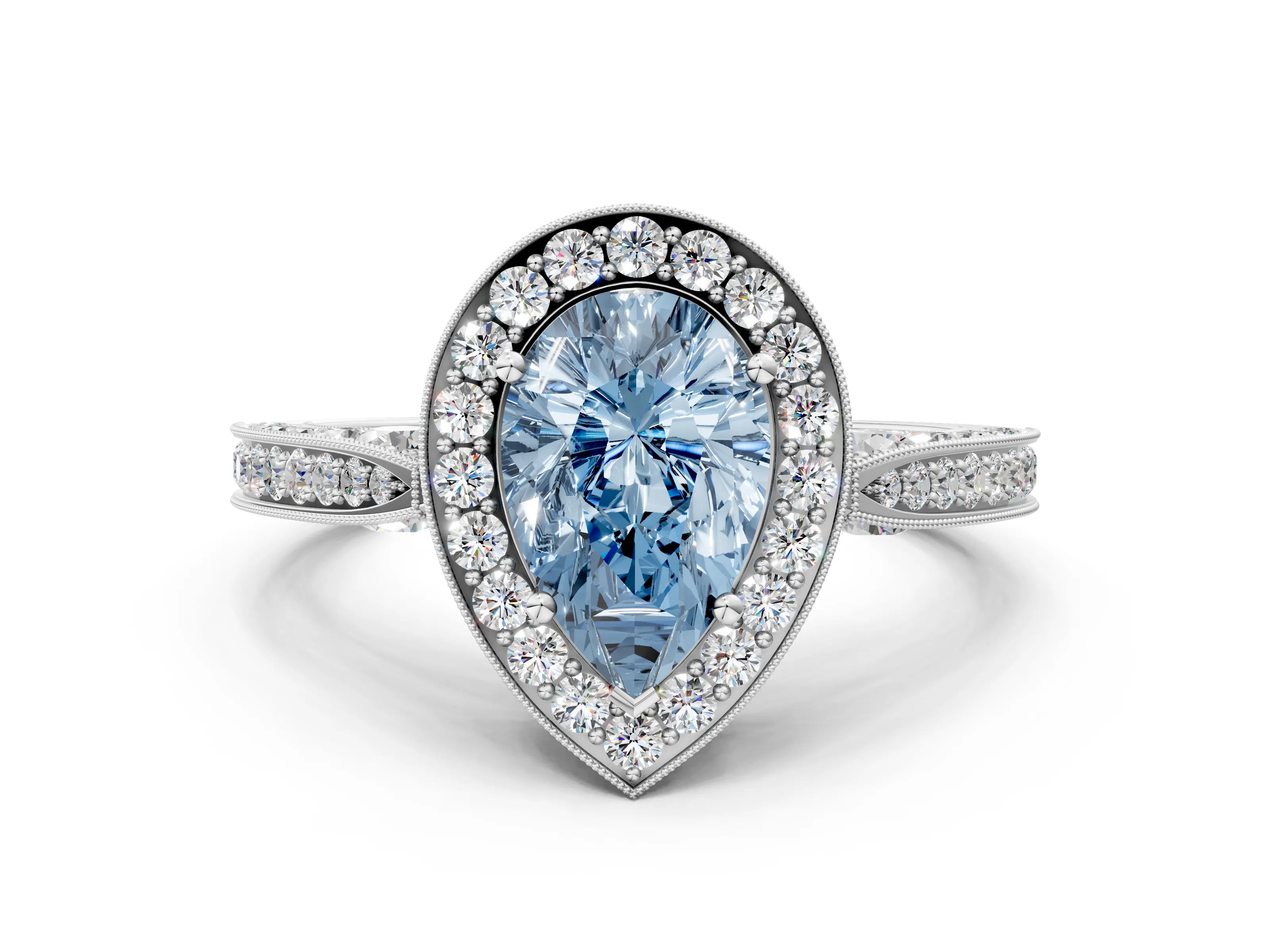 White gold Fancy Blue Pear Cut Halo Diamond Engagement Ring with Split Shank Band and Four-Prong Setting_12