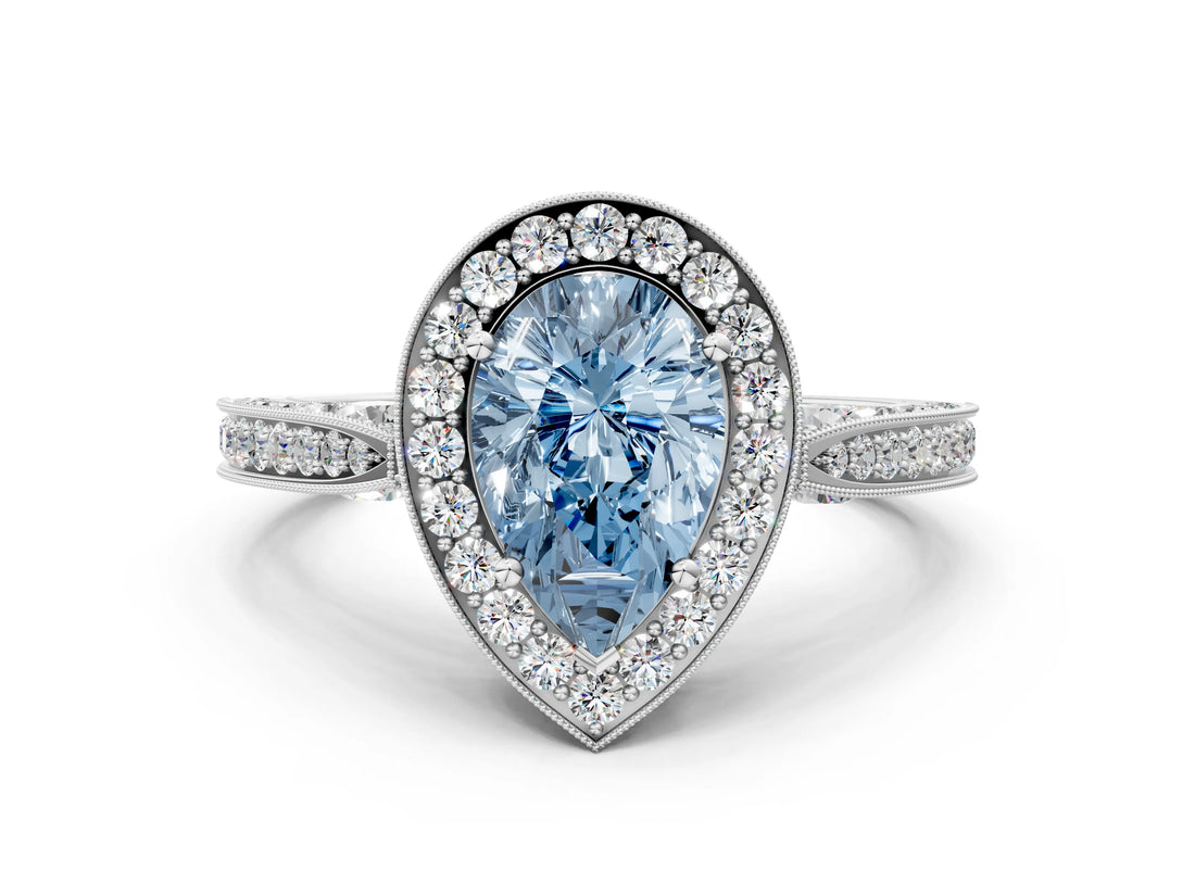 White gold Fancy Blue Pear Cut Halo Diamond Engagement Ring with Split Shank Band and Four-Prong Setting_12