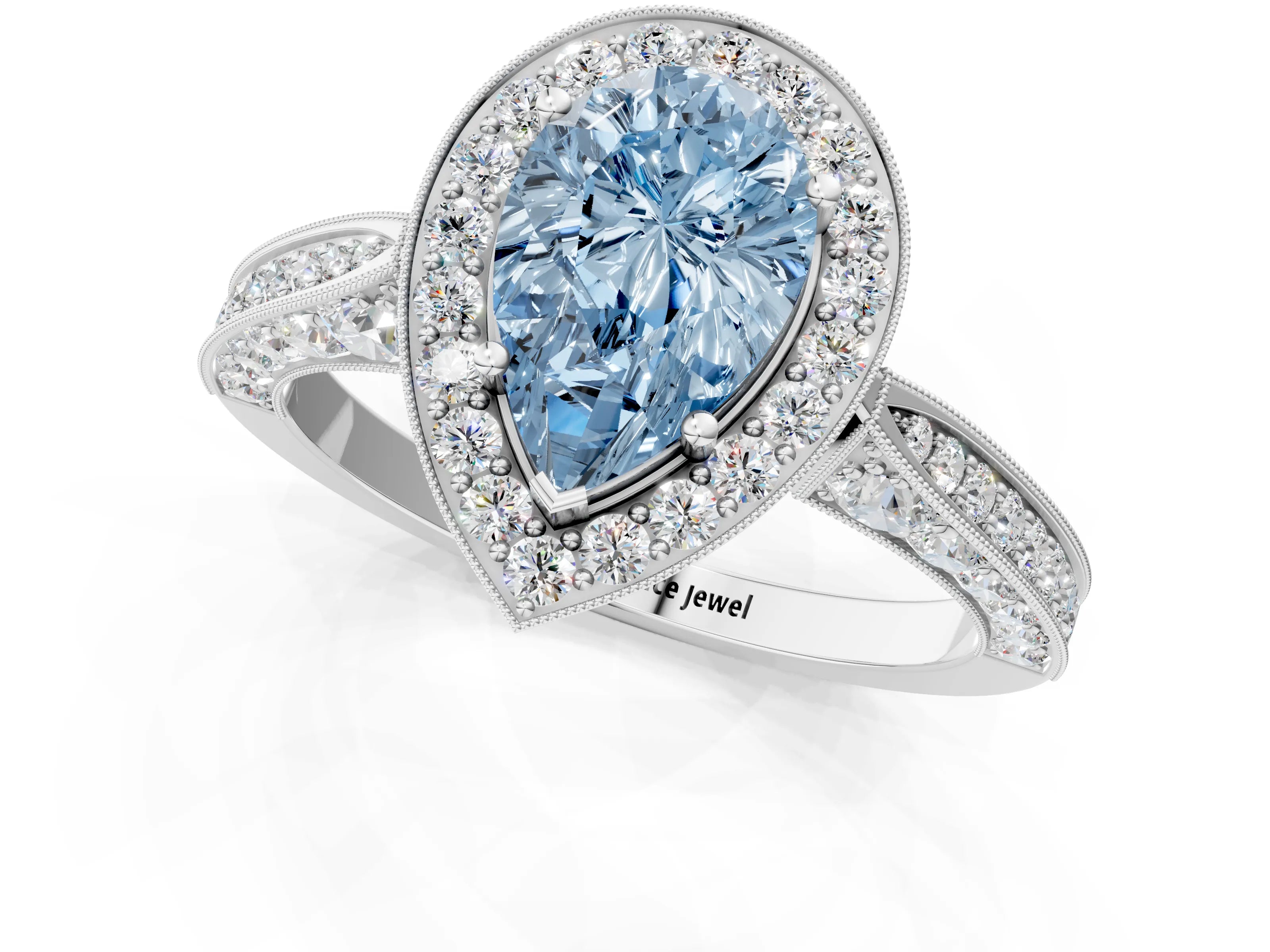 White gold Fancy Blue Pear Cut Halo Diamond Engagement Ring with Split Shank Band and Four-Prong Setting_13