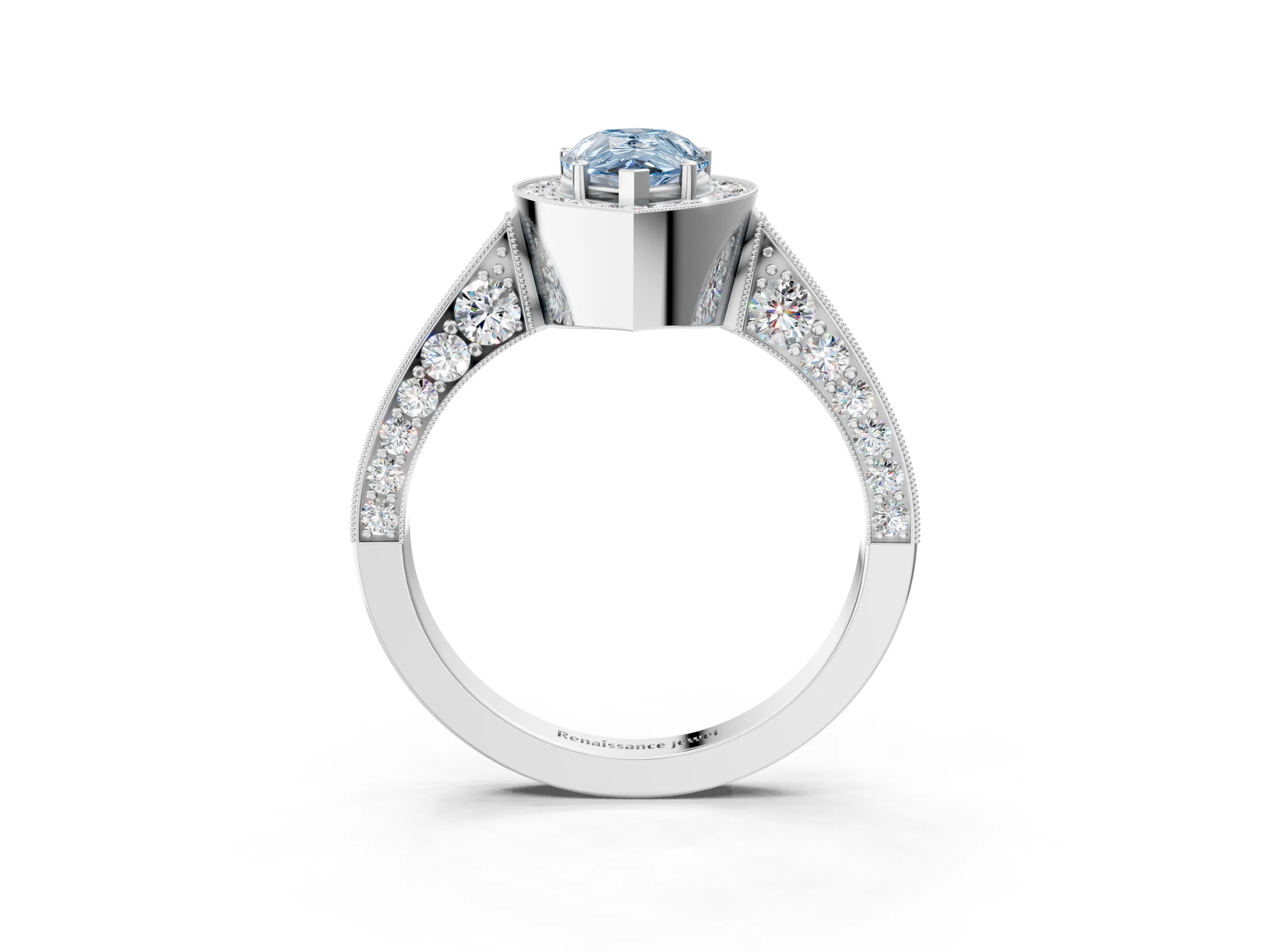 White gold Fancy Blue Pear Cut Halo Diamond Engagement Ring with Split Shank Band and Four-Prong Setting_15