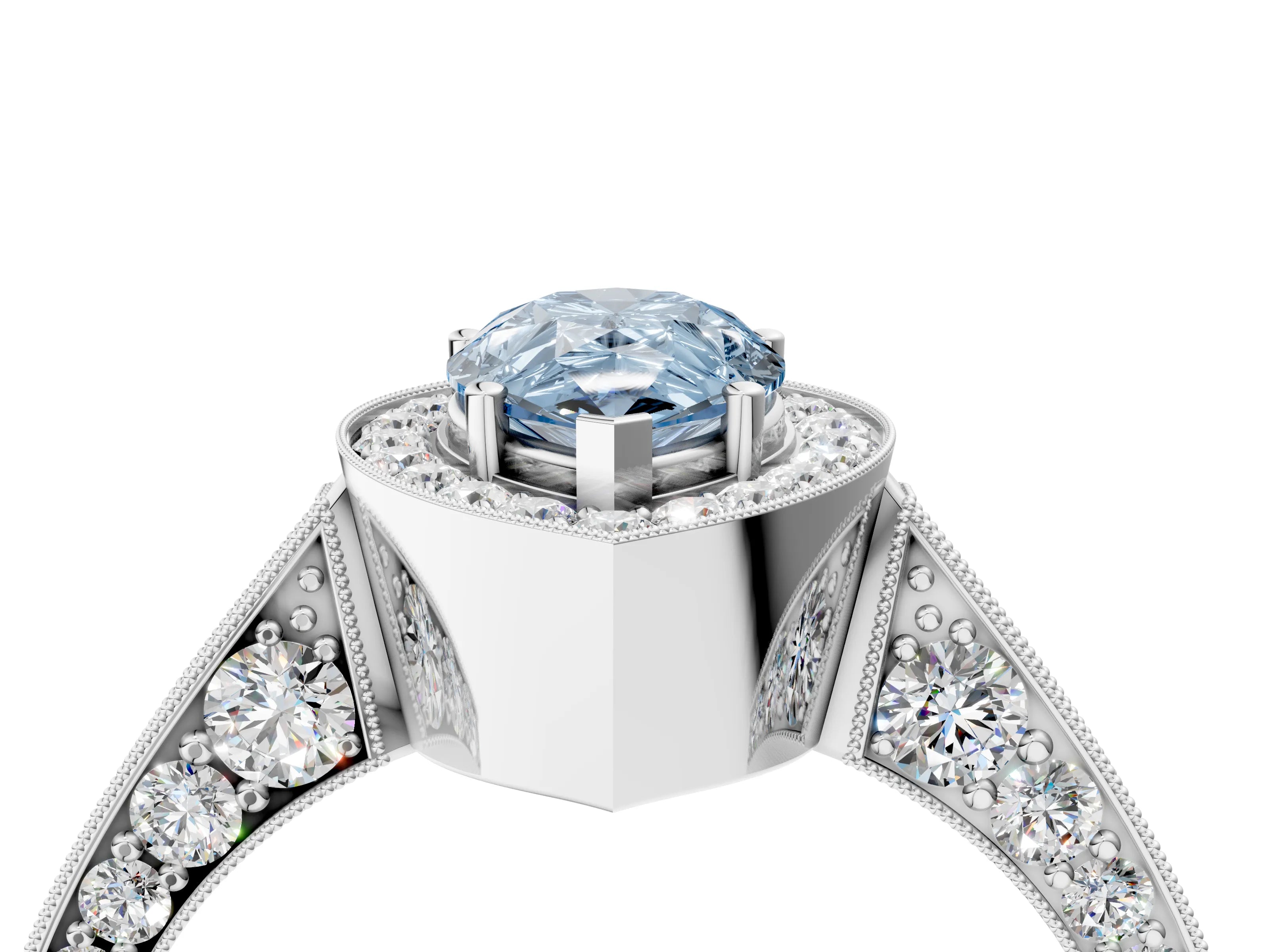 White gold Fancy Blue Pear Cut Halo Diamond Engagement Ring with Split Shank Band and Four-Prong Setting_16