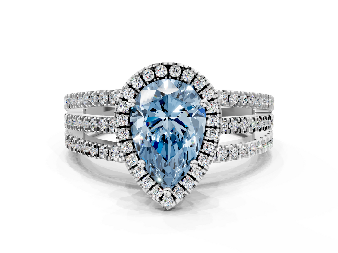 White gold Fancy Blue Pear  Cut Halo Diamond Engagement Ring with Split Shank and Four-Prong Setting_20