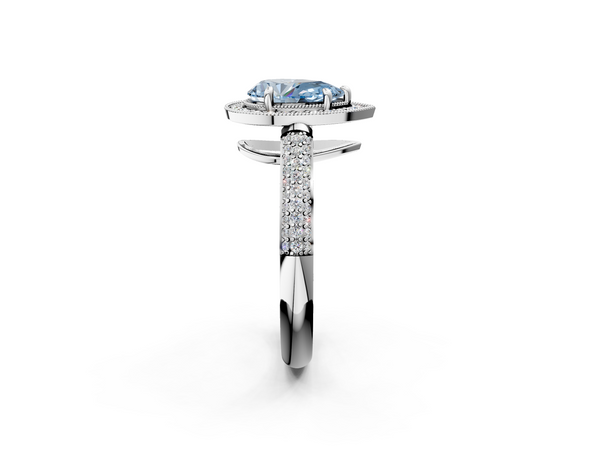 White gold Fancy Blue Pear  Cut Halo Diamond Pave Band with Four-Prong Setting