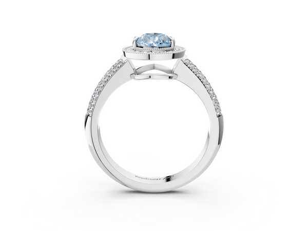 White gold Fancy Blue Pear  Cut Halo Diamond Pave Band with Four-Prong Setting