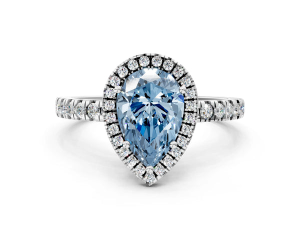 Platinum Fancy Blue Pear Cut Halo Diamond Pave Band with Prong Setting