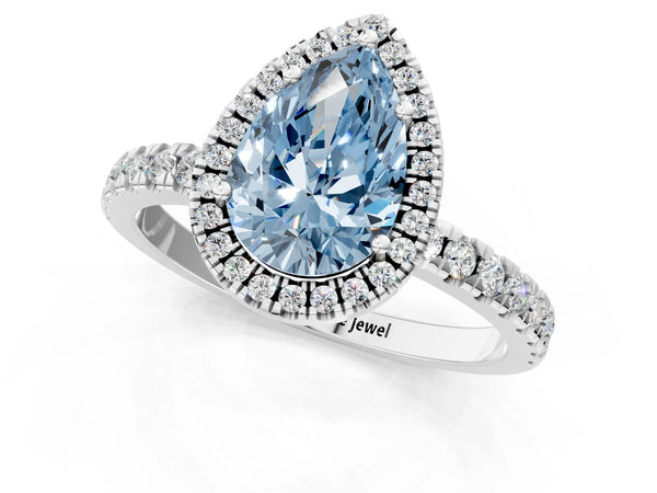 Platinum Fancy Blue Pear Cut Halo Diamond Pave Band with Prong Setting