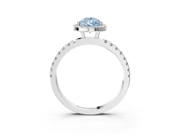 Platinum Fancy Blue Pear Cut Halo Diamond Pave Band with Prong Setting
