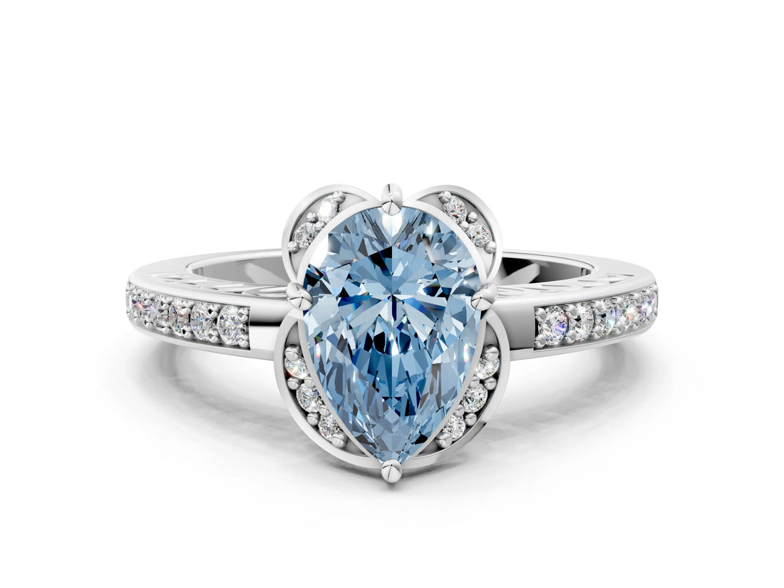 White gold Fancy Blue Pear  Cut Halo Diamond Ring with Channel Set Band and Four-Prong Setting_32