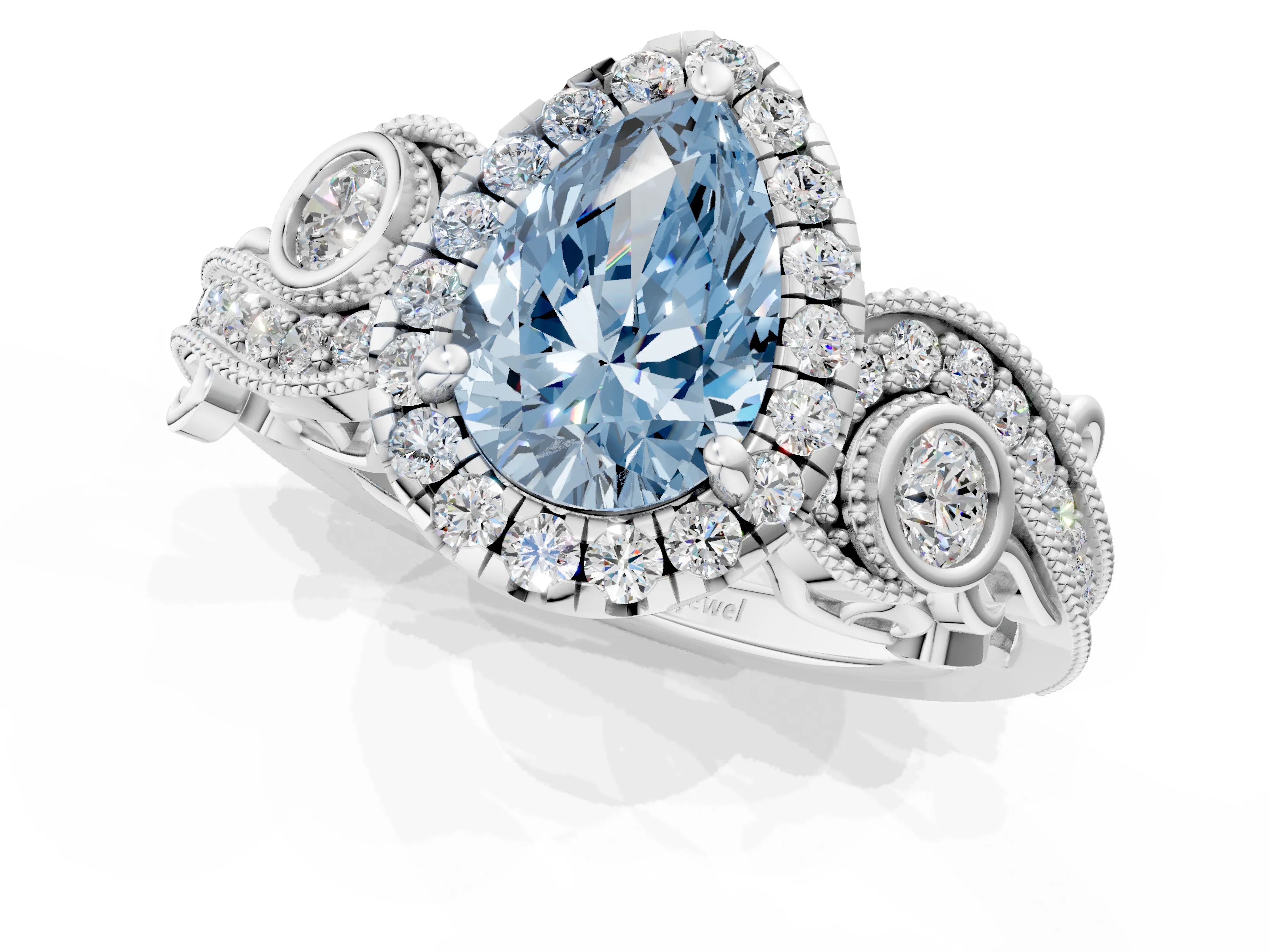 White gold Fancy Blue Pear Cut Halo Diamond Ring with Milgrain and Bezel Accents on a Split Shank Band_1