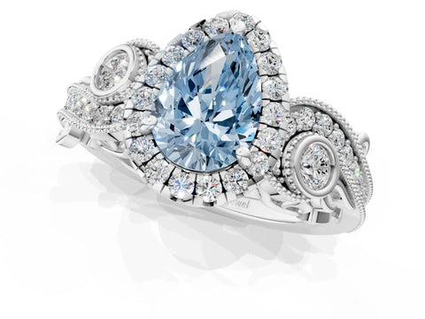 White gold Fancy Blue Pear Cut Halo Diamond Ring with Milgrain and Bezel Accents on a Split Shank Band_1