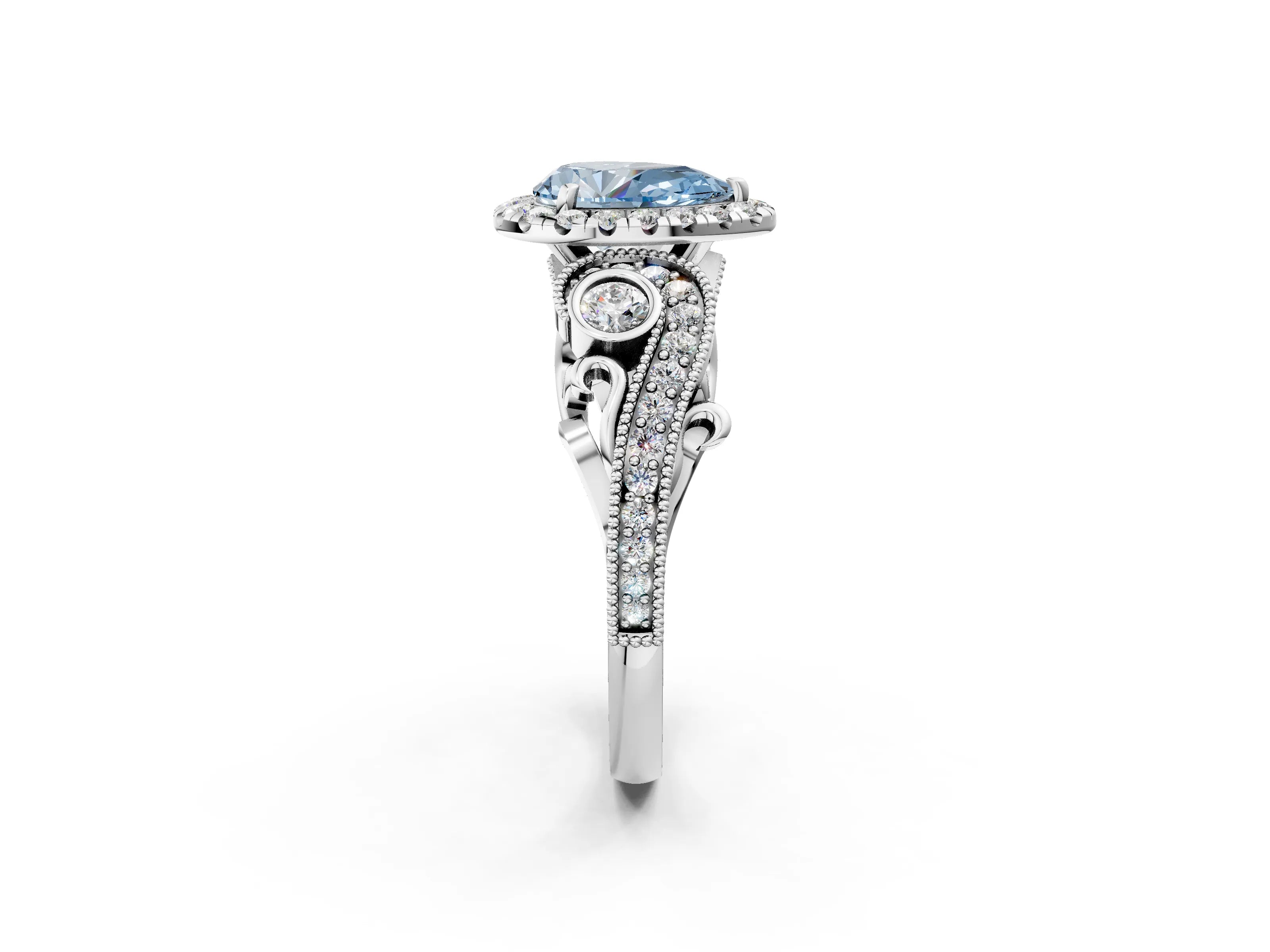 White gold Fancy Blue Pear Cut Halo Diamond Ring with Milgrain and Bezel Accents on a Split Shank Band_2