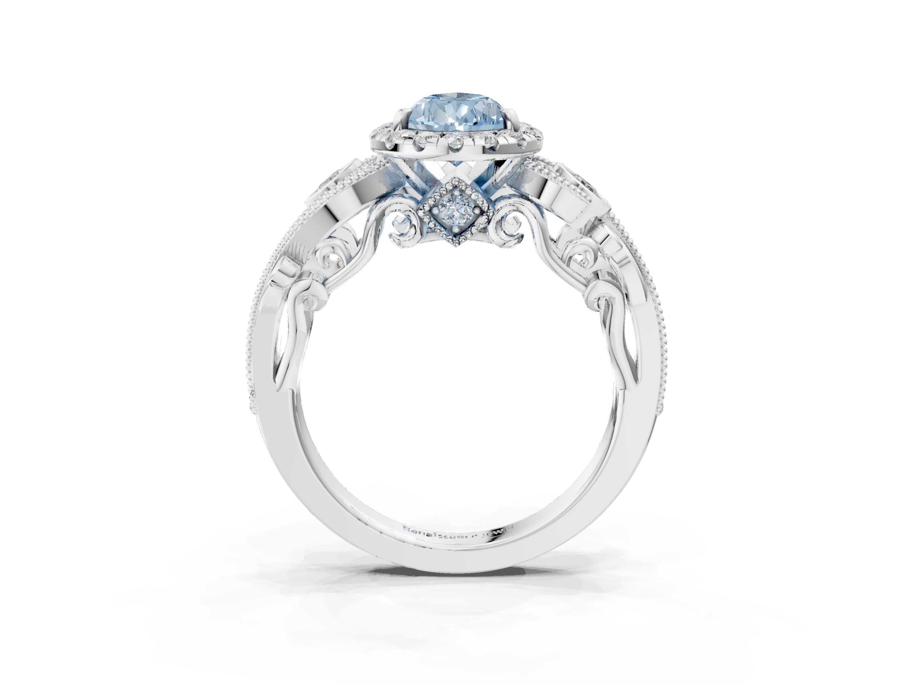 White gold Fancy Blue Pear Cut Halo Diamond Ring with Milgrain and Bezel Accents on a Split Shank Band_3