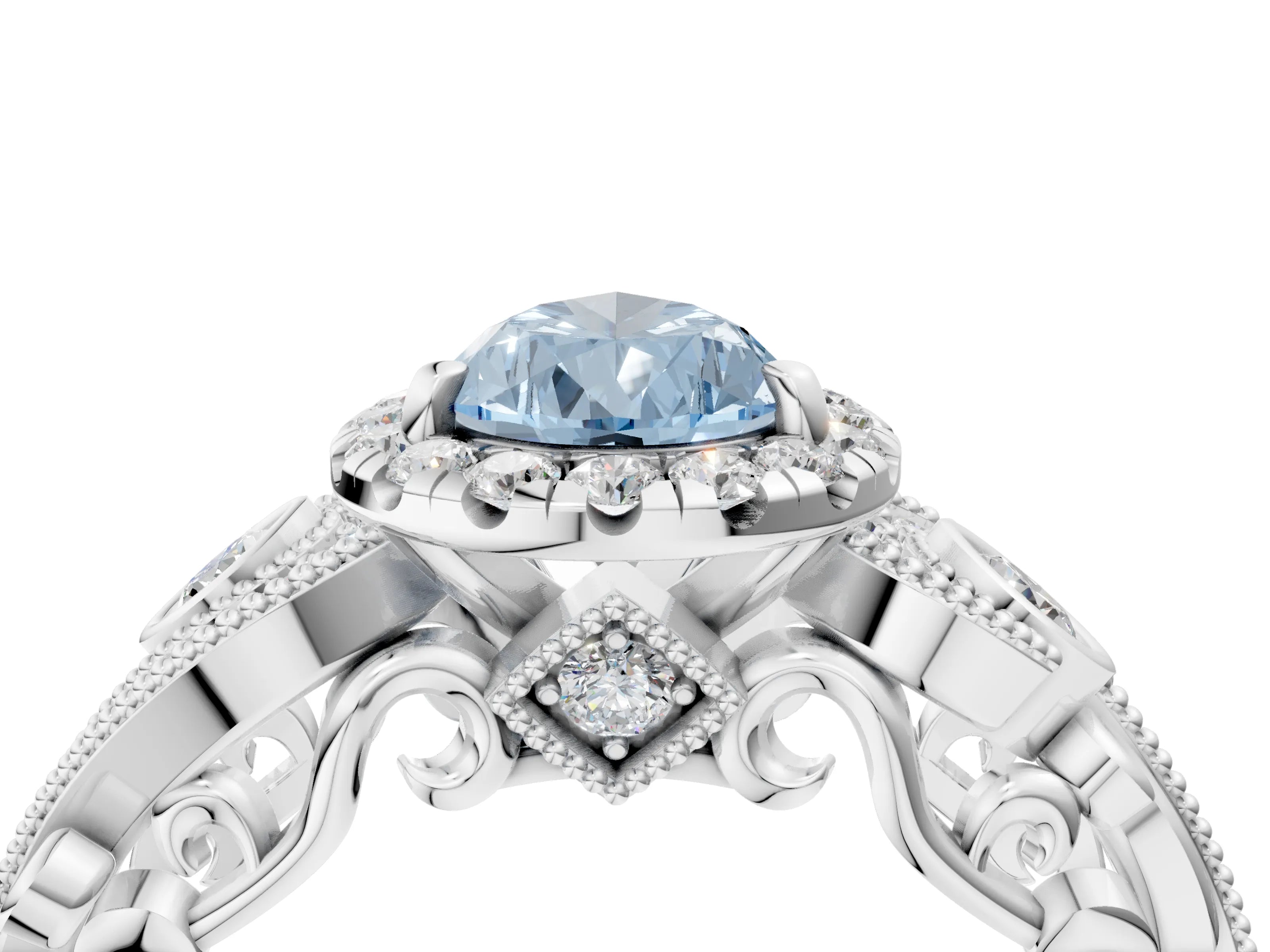 White gold Fancy Blue Pear Cut Halo Diamond Ring with Milgrain and Bezel Accents on a Split Shank Band_4