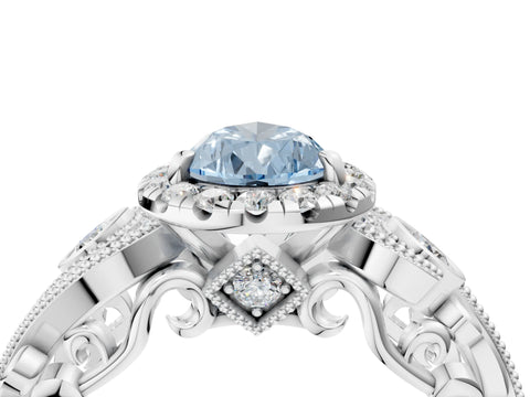 White gold Fancy Blue Pear Cut Halo Diamond Ring with Milgrain and Bezel Accents on a Split Shank Band_4