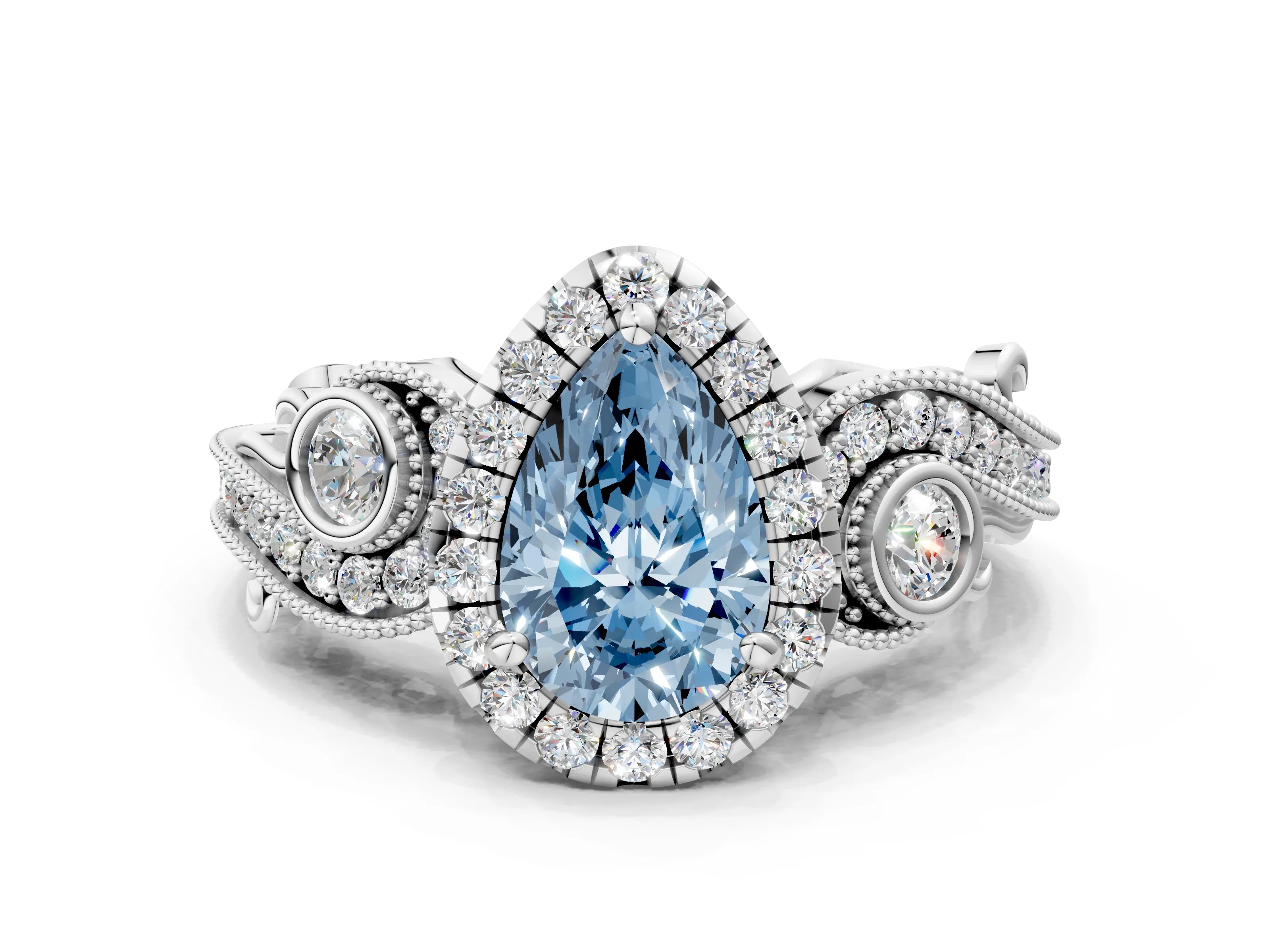 White gold Fancy Blue Pear Cut Halo Diamond Ring with Milgrain and Bezel Accents on a Split Shank Band