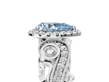 White gold Fancy Blue Pear Cut Halo Diamond Ring with Milgrain and Bezel Accents on a Split Shank Band_5