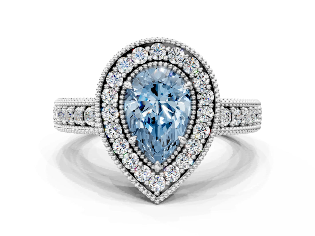 White gold Fancy Blue Pear  Cut Halo Diamond Ring with Pavé Band and Four-Prong Setting_115