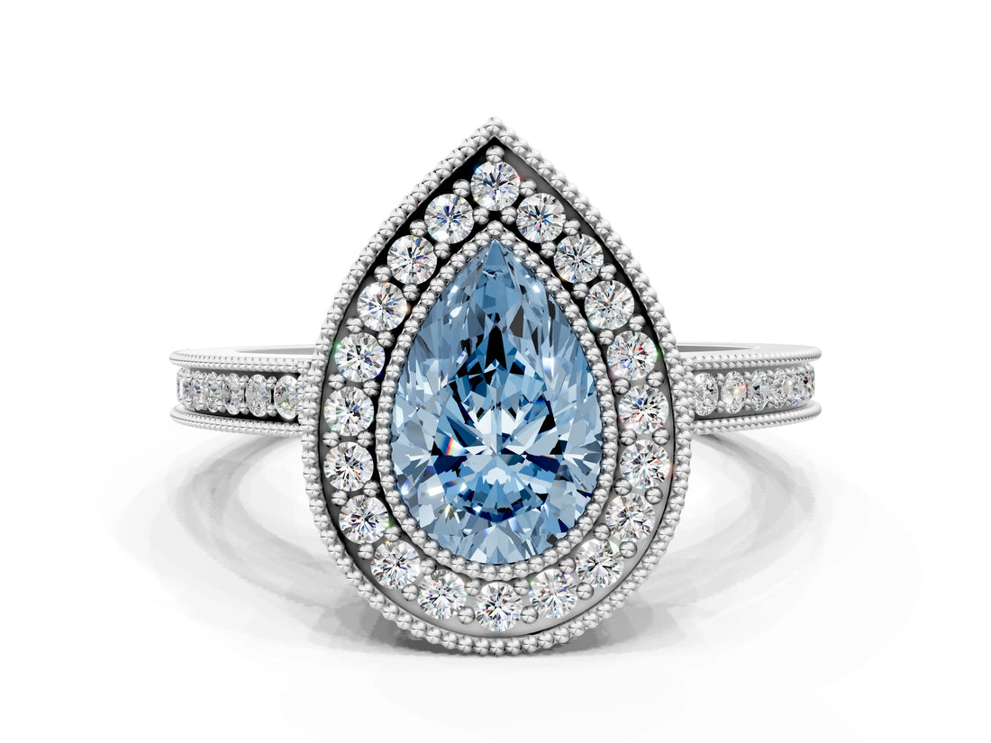 White gold Fancy Blue Pear  Cut Halo Diamond Ring with Pavé Band and Milgrain Prong Setting_68