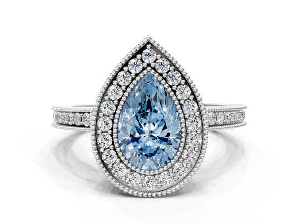 White gold Fancy Blue Pear  Cut Halo Diamond Ring with Pavé Band and Milgrain Prong Setting