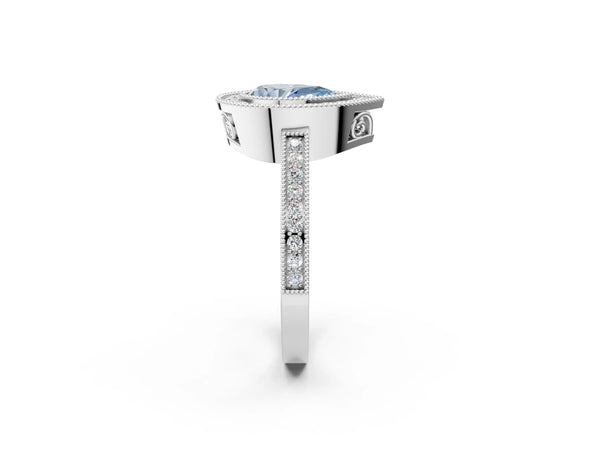 White gold Fancy Blue Pear  Cut Halo Diamond Ring with Pavé Band and Milgrain Prong Setting