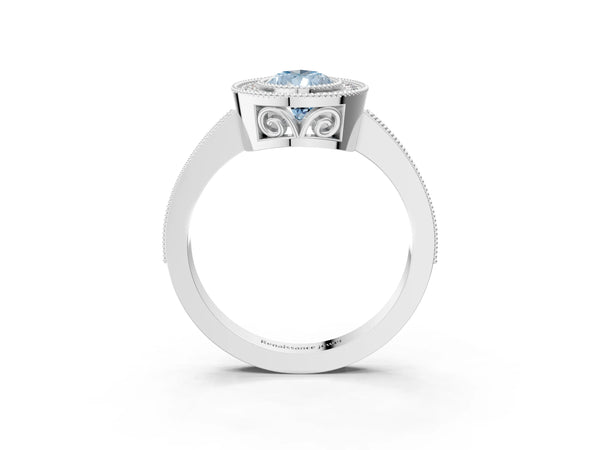 White gold Fancy Blue Pear  Cut Halo Diamond Ring with Pavé Band and Milgrain Prong Setting
