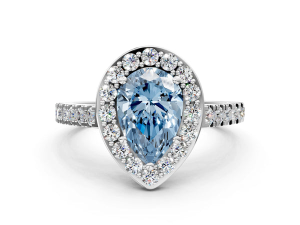 White gold Fancy Blue Pear Cut Halo Diamond Ring with Pavé Band and Three-Prong Setting